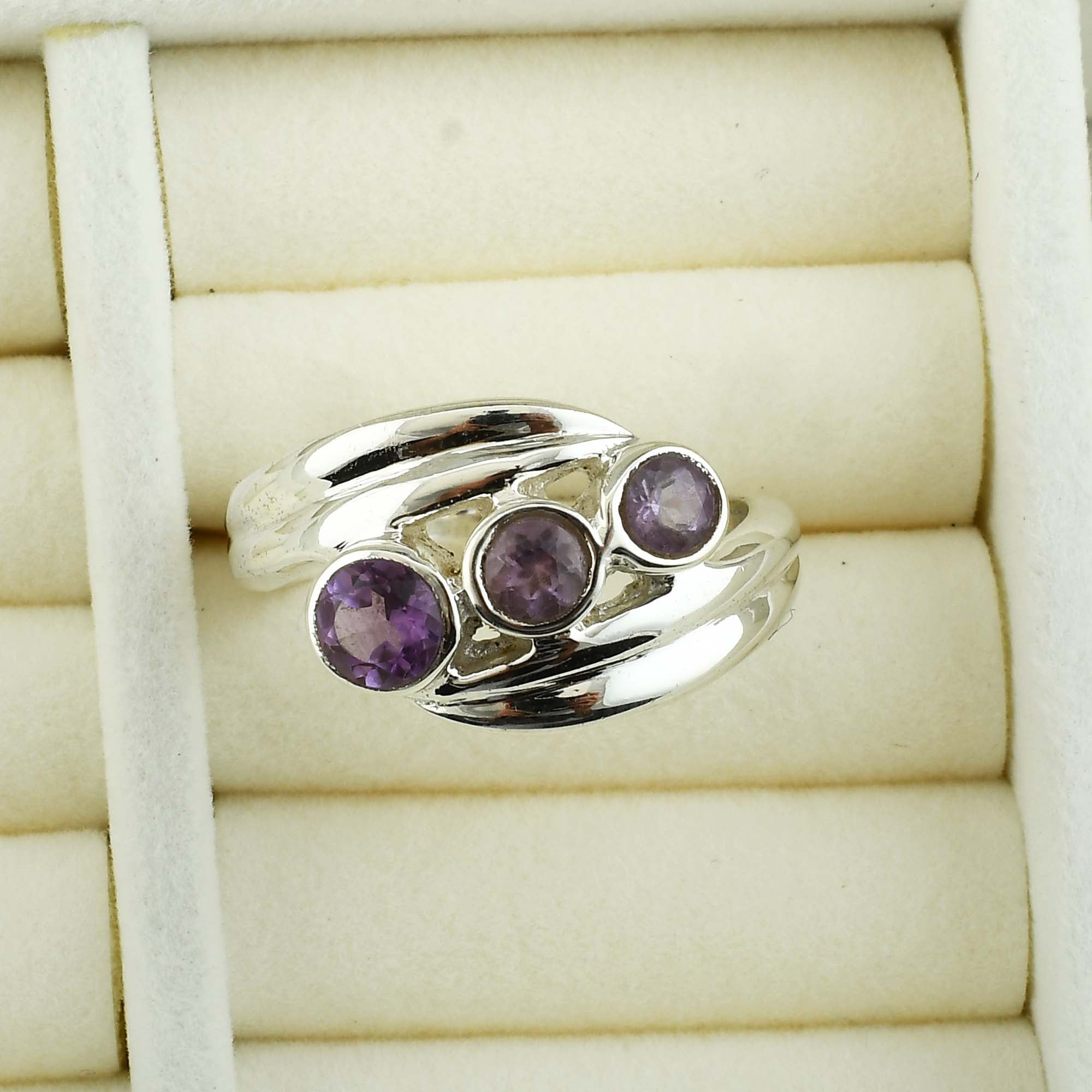 Three Stone Amethyst Silver Ring