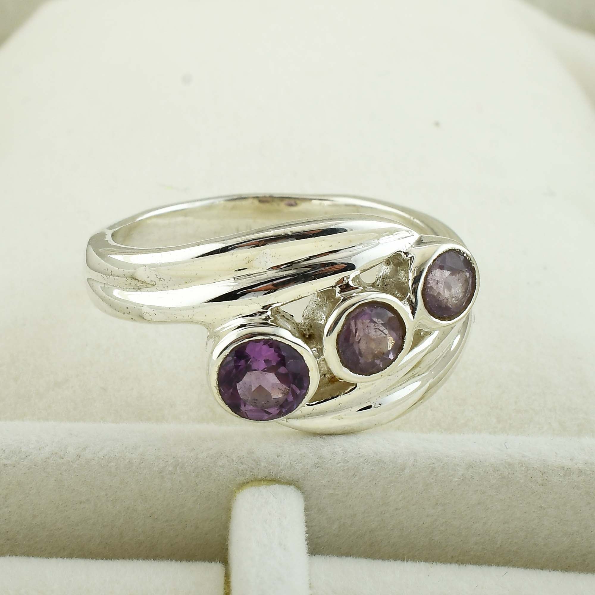 Three Stone Amethyst Silver Ring