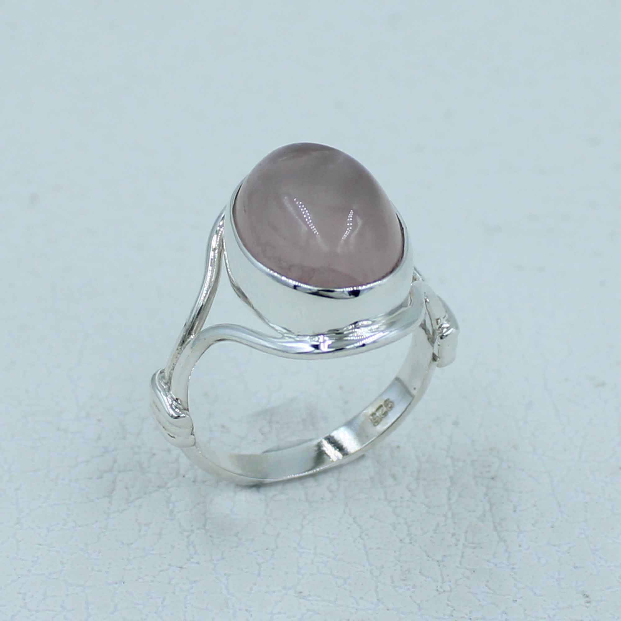 Pink Rose Quartz Cabochon Silver Ring