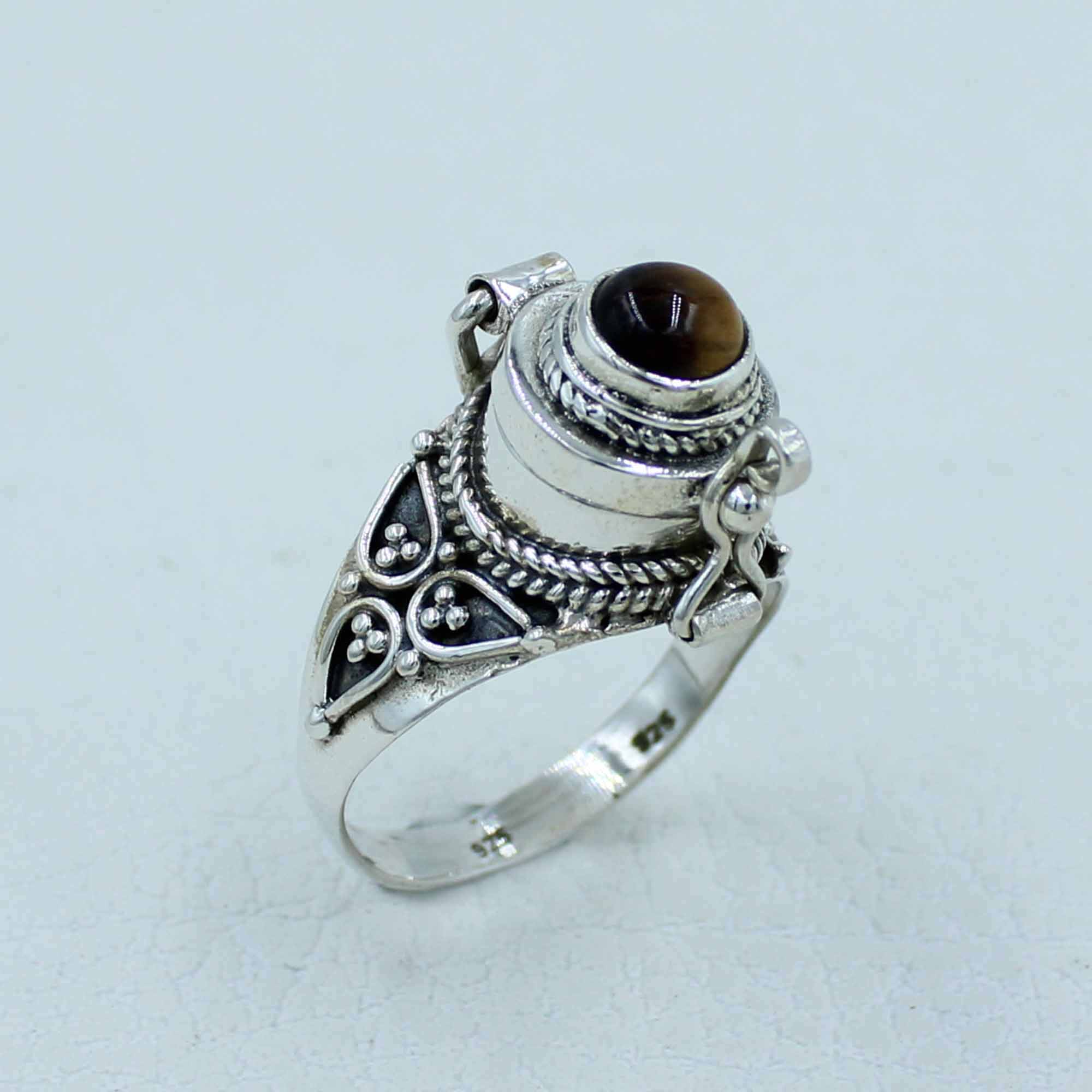 Tiger Eye Designer Poison Box Ring - 925 Sterling Silver