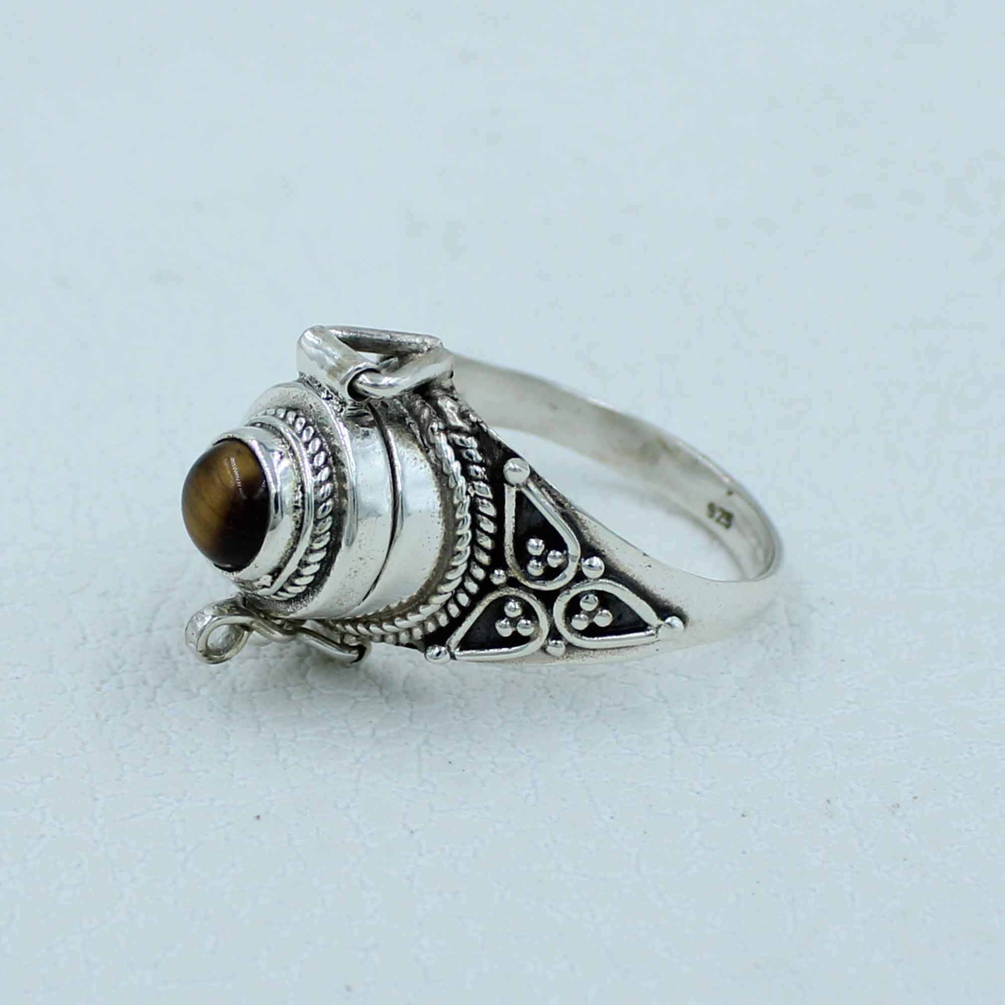 Tiger Eye Designer Poison Box Ring - 925 Sterling Silver