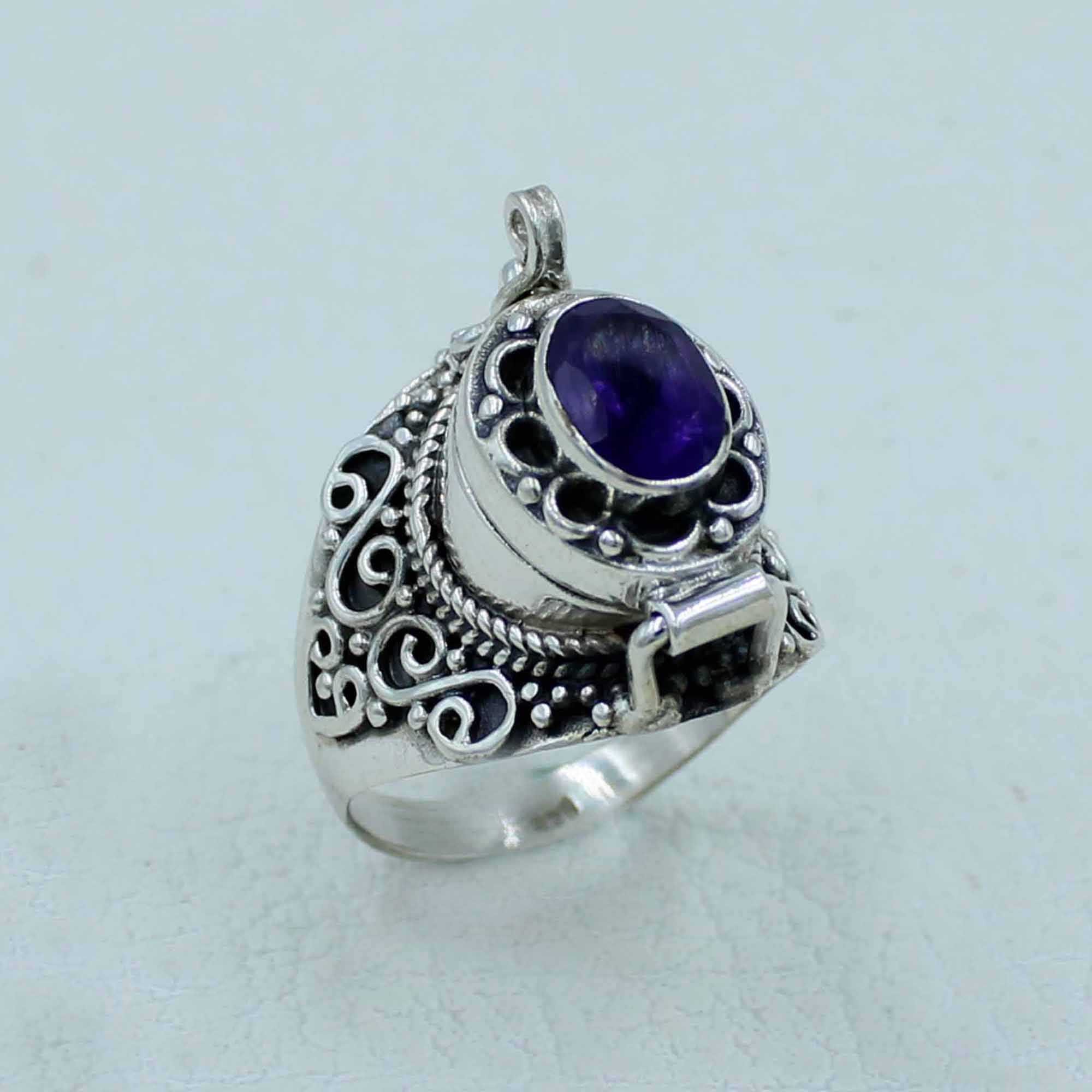 Purple Amethyst Silver Poison Ring