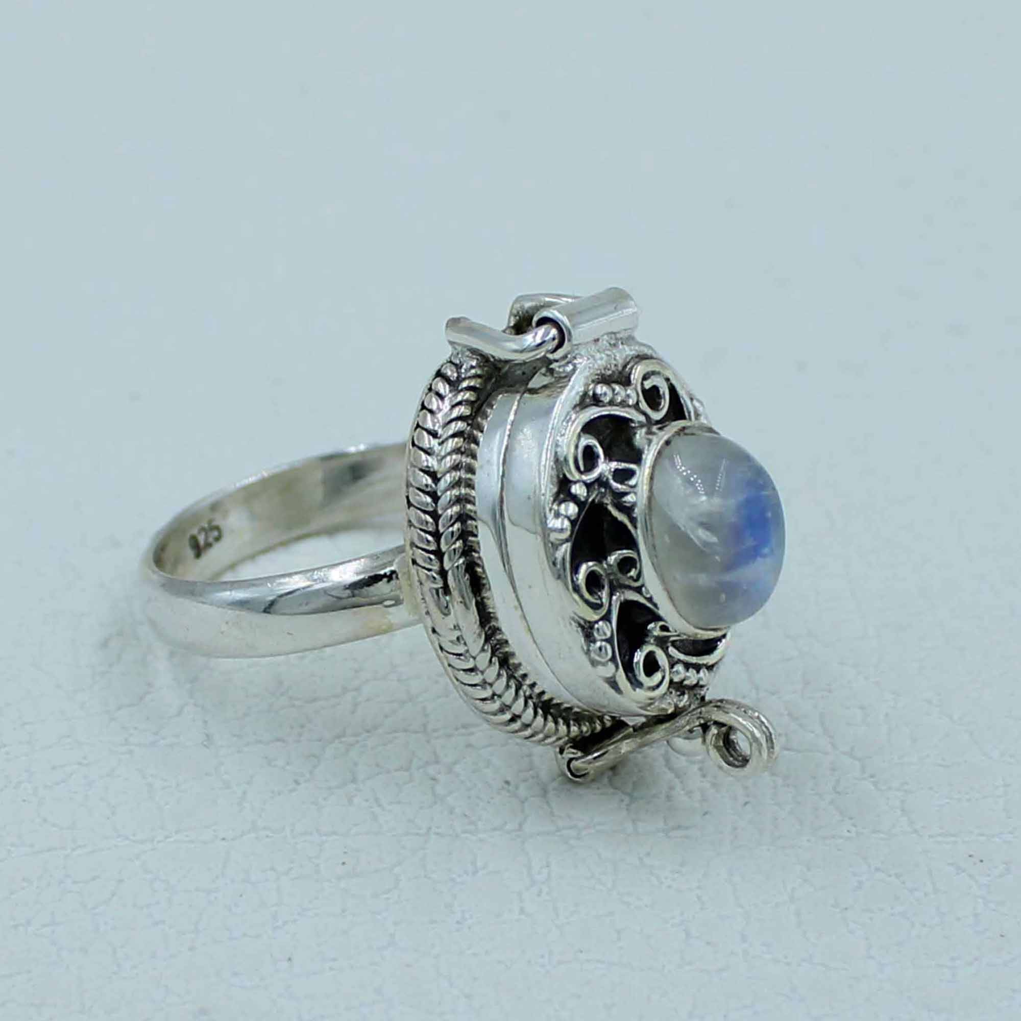 Moonstone 925 Silver Poison Box Ring