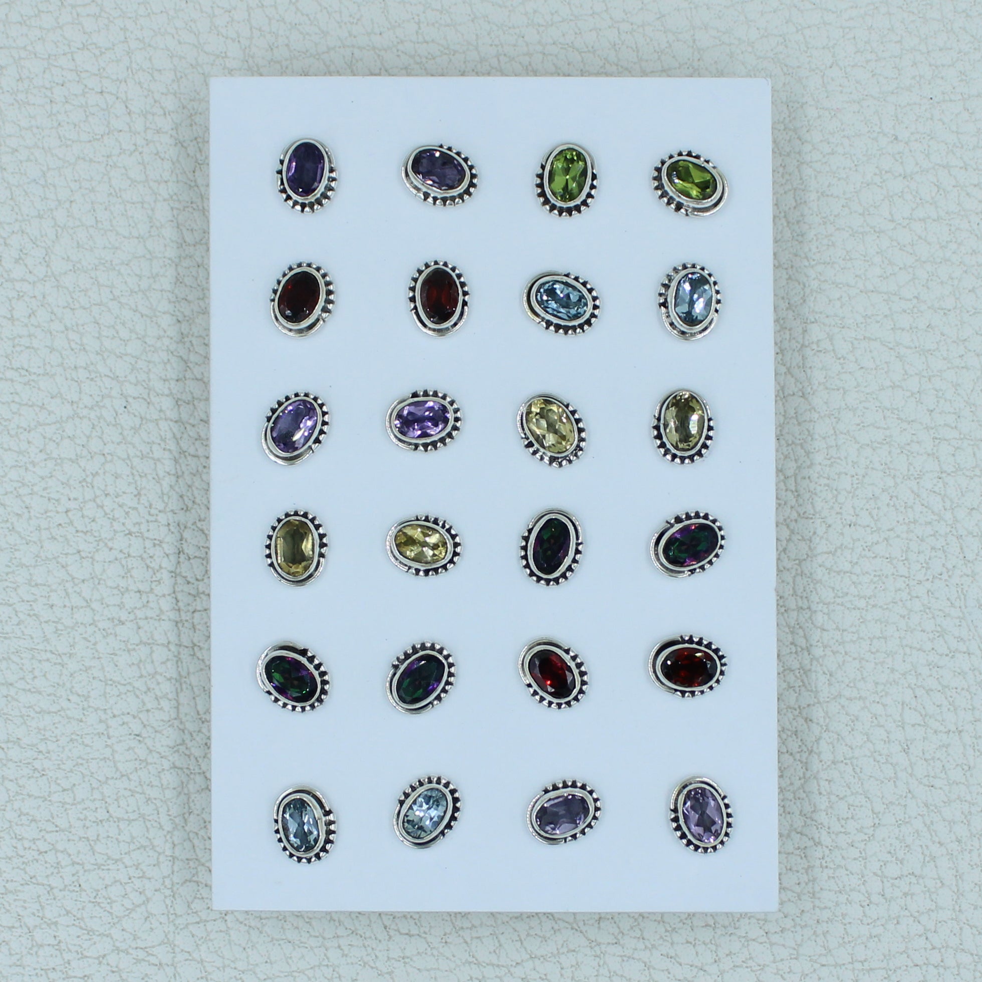 925 Silver 12 Pair Studs Earrings - Garnet, Amethyst, Citrine, Peridot Gemstone