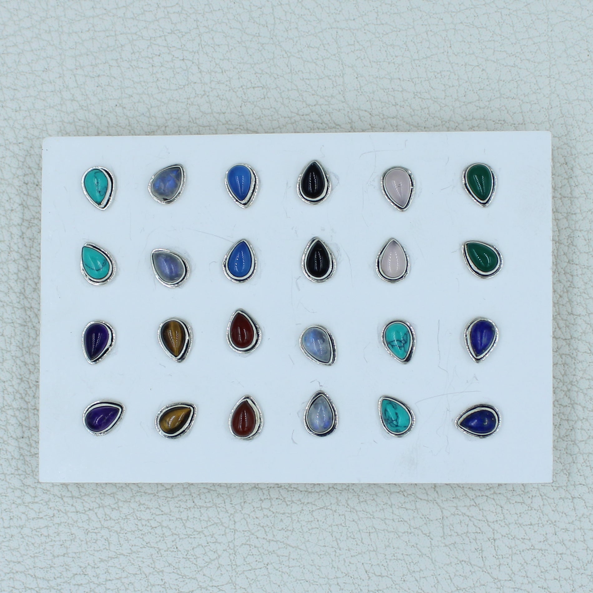 12 Pair Studs Earrings - 925 Silver Cabochon Gemstone Earrings