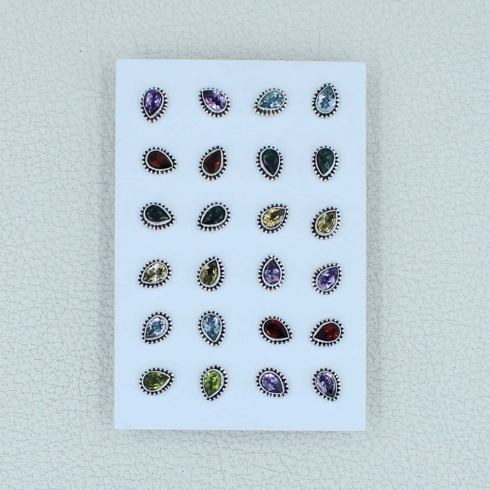 12 Pair Silver Cut Gemstone Studs Earrings