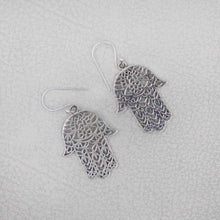Sterling Silver Hamsa Hand Dangle Earrings – Intricate Filigree Design