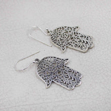Sterling Silver Hamsa Hand Dangle Earrings – Intricate Filigree Design