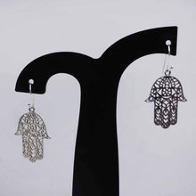 Sterling Silver Hamsa Hand Dangle Earrings – Intricate Filigree Design