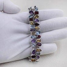 Sterling Silver Multi-Gemstone Link Bracelet – Colorful Mixed Gemstone Statement Bracelet