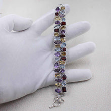 Sterling Silver Multi-Gemstone Link Bracelet – Colorful Mixed Gemstone Statement Bracelet
