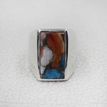 Men’s Rectangular Spiny Oyster Turquoise Stone Signet Ring – Sterling Silver