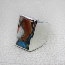 Men’s Rectangular Spiny Oyster Turquoise Stone Signet Ring – Sterling Silver