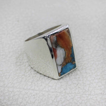 Men’s Rectangular Spiny Oyster Turquoise Stone Signet Ring – Sterling Silver