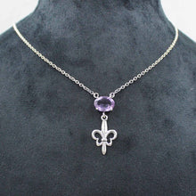 925 Sterling Silver Fleur-de-Lis Necklace with Oval Purple Amethyst Necklace