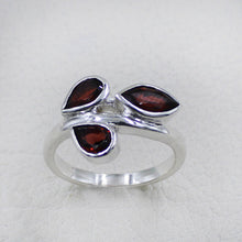 925 Silver Three-Stone Garnet Leaf Design Ring