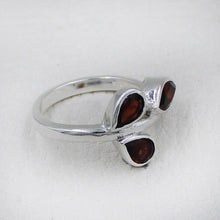925 Silver Three-Stone Garnet Leaf Design Ring