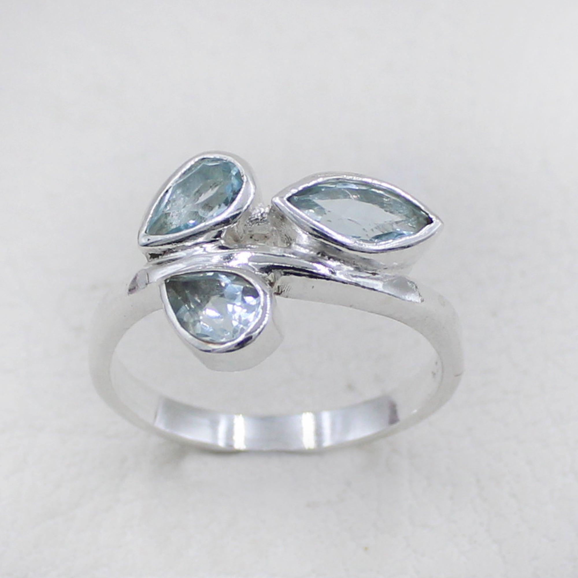 925 Silver Three-Stone Blue Topaz Leaf Design Ring