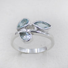 925 Silver Three-Stone Blue Topaz Leaf Design Ring