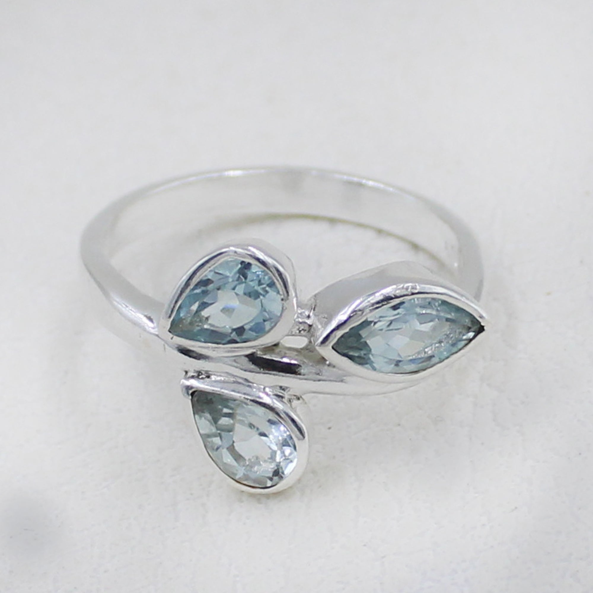 925 Silver Three-Stone Blue Topaz Leaf Design Ring