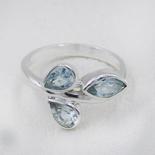 925 Silver Three-Stone Blue Topaz Leaf Design Ring