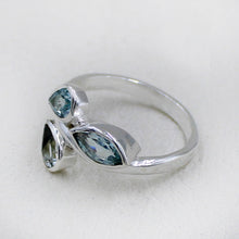 925 Silver Three-Stone Blue Topaz Leaf Design Ring