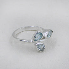 925 Silver Three-Stone Blue Topaz Leaf Design Ring