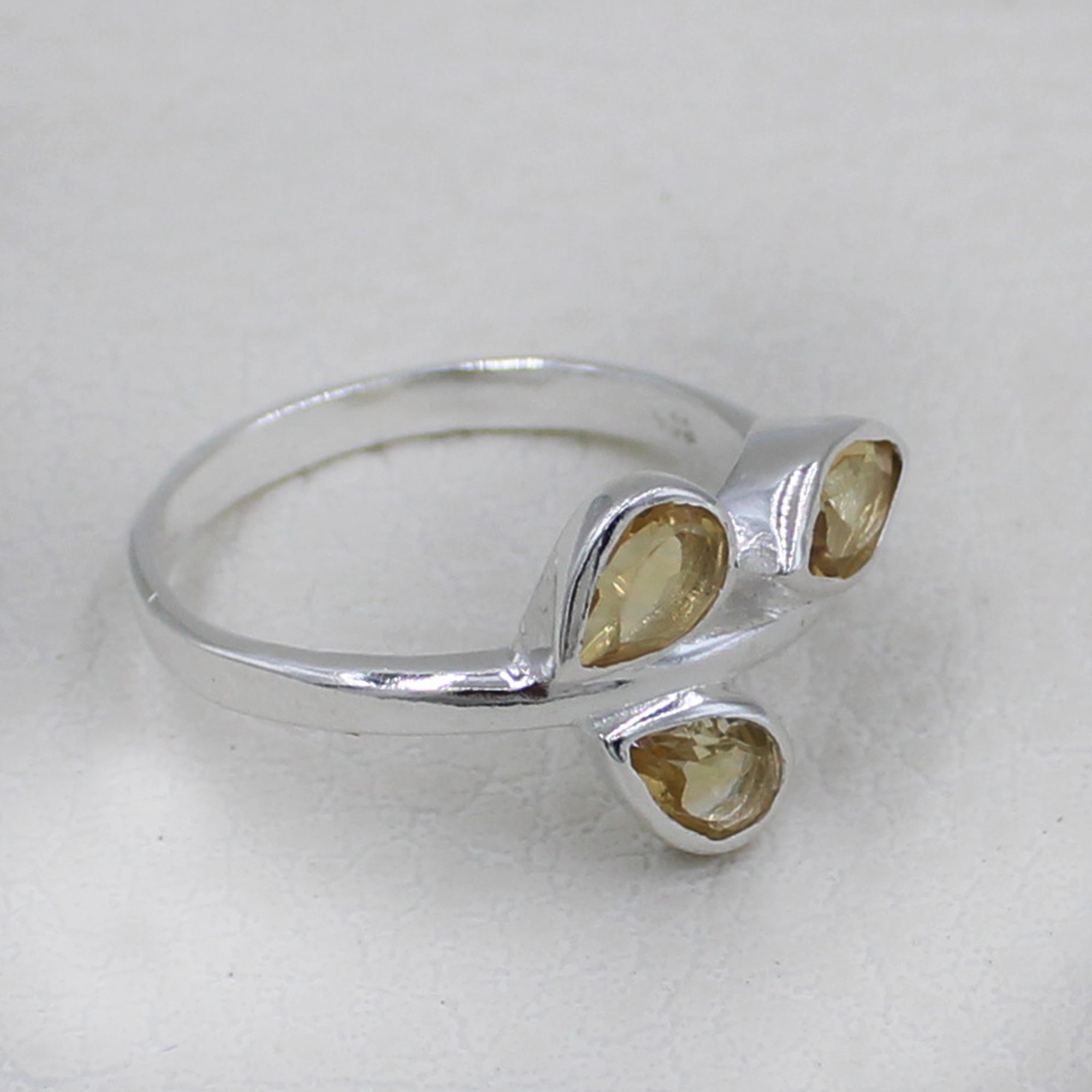 925 Silver Three-Stone Citrine Leaf Design Ring