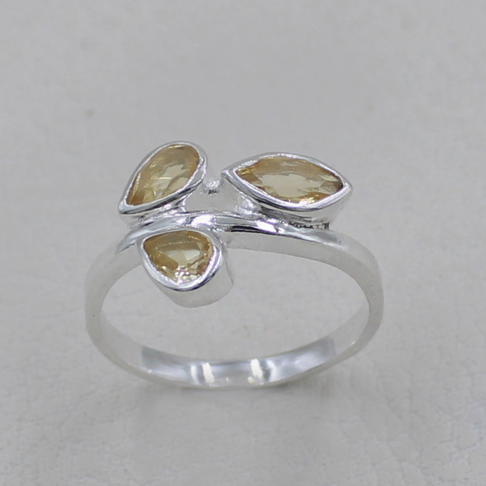 925 Silver Three-Stone Citrine Leaf Design Ring