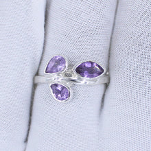 925 Silver Three-Stone Blue Topaz Leaf Design Ring