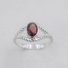 Sterling Silver Twisted Band Ring with Oval Garnet Gemstone