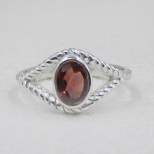 Sterling Silver Twisted Band Ring with Oval Garnet Gemstone