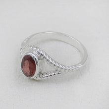 Sterling Silver Twisted Band Ring with Oval Garnet Gemstone