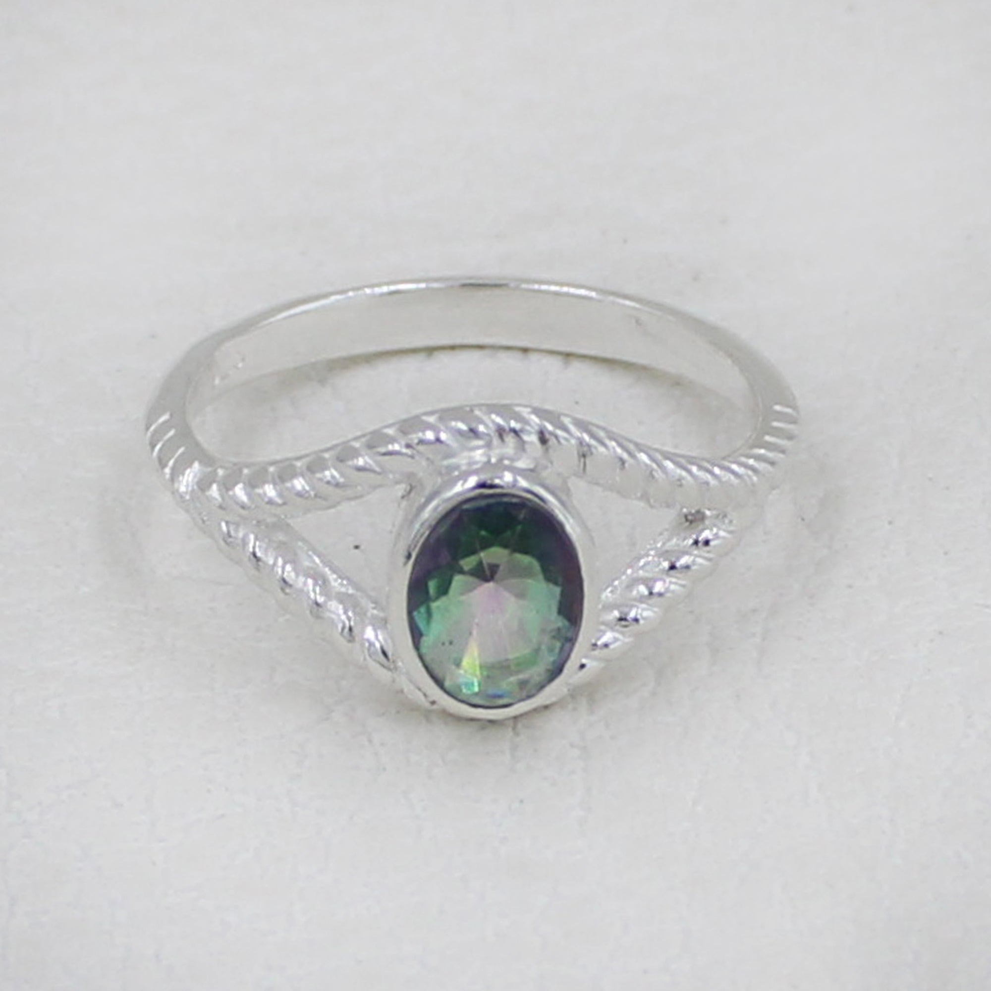 Sterling Silver Twisted Band Ring with Oval Mystic Quartz Gemstone