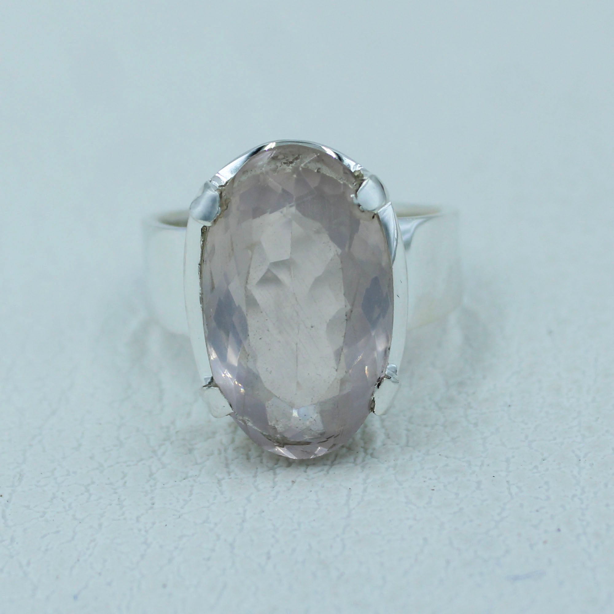 Rose Quartz Cut Stone Silver Ring Size 8