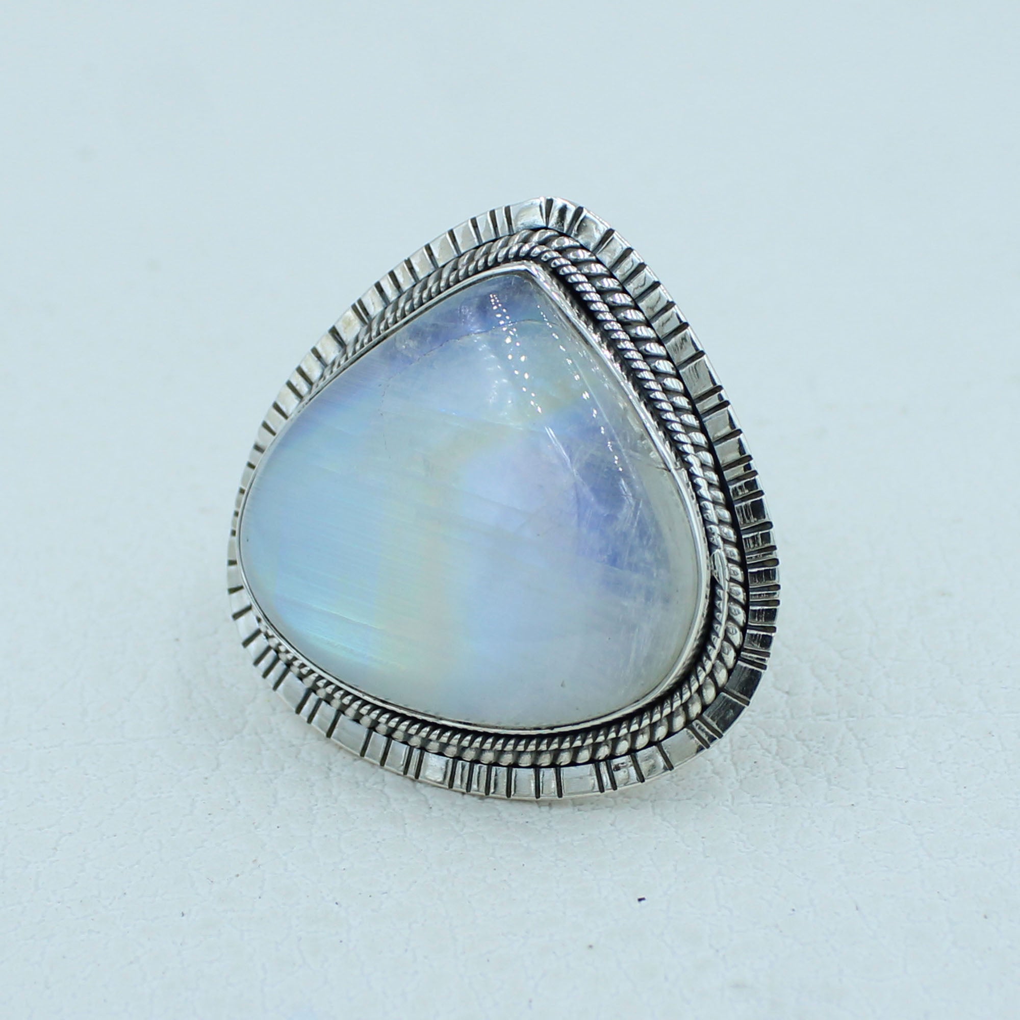 Blue Fire Rainbow Moonstone Silver Ring
