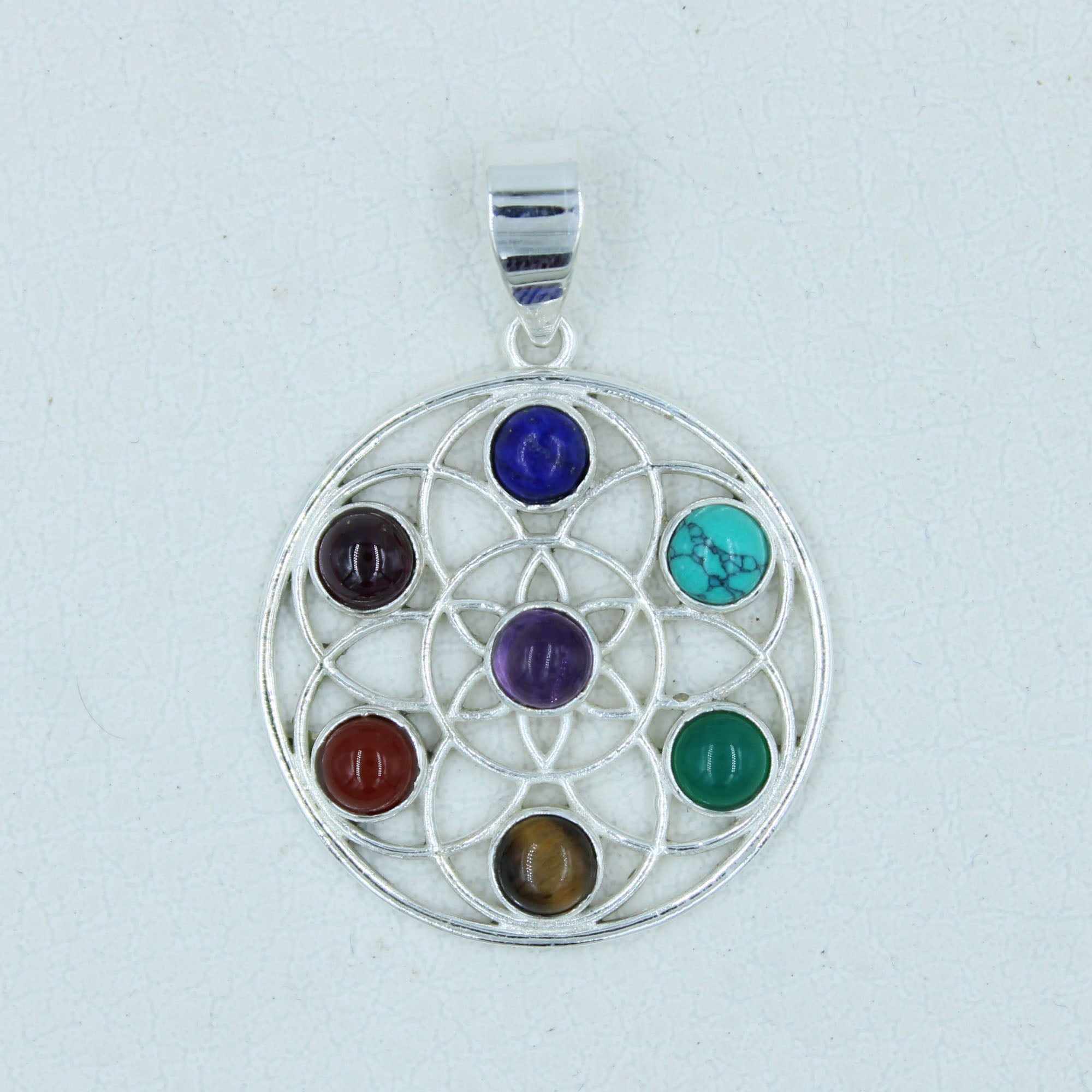 7 Chakra Stones - Flower Of Life Silver Chakra Pendant