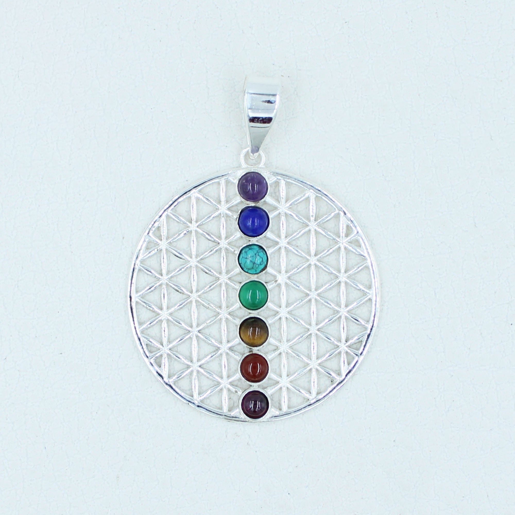 Multi Color Seven Gemstone Silver Pendant