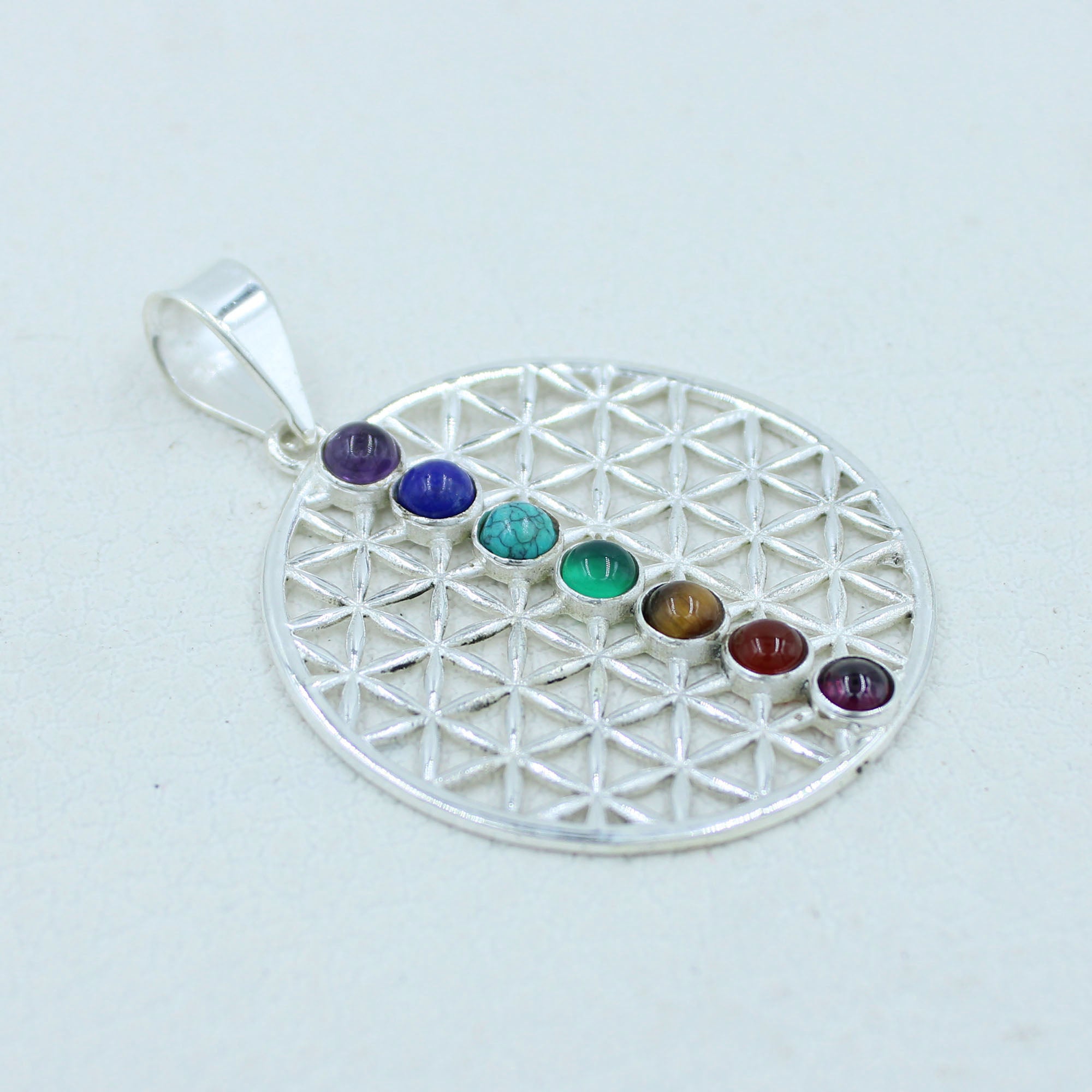 Multi Color Seven Gemstone Silver Pendant