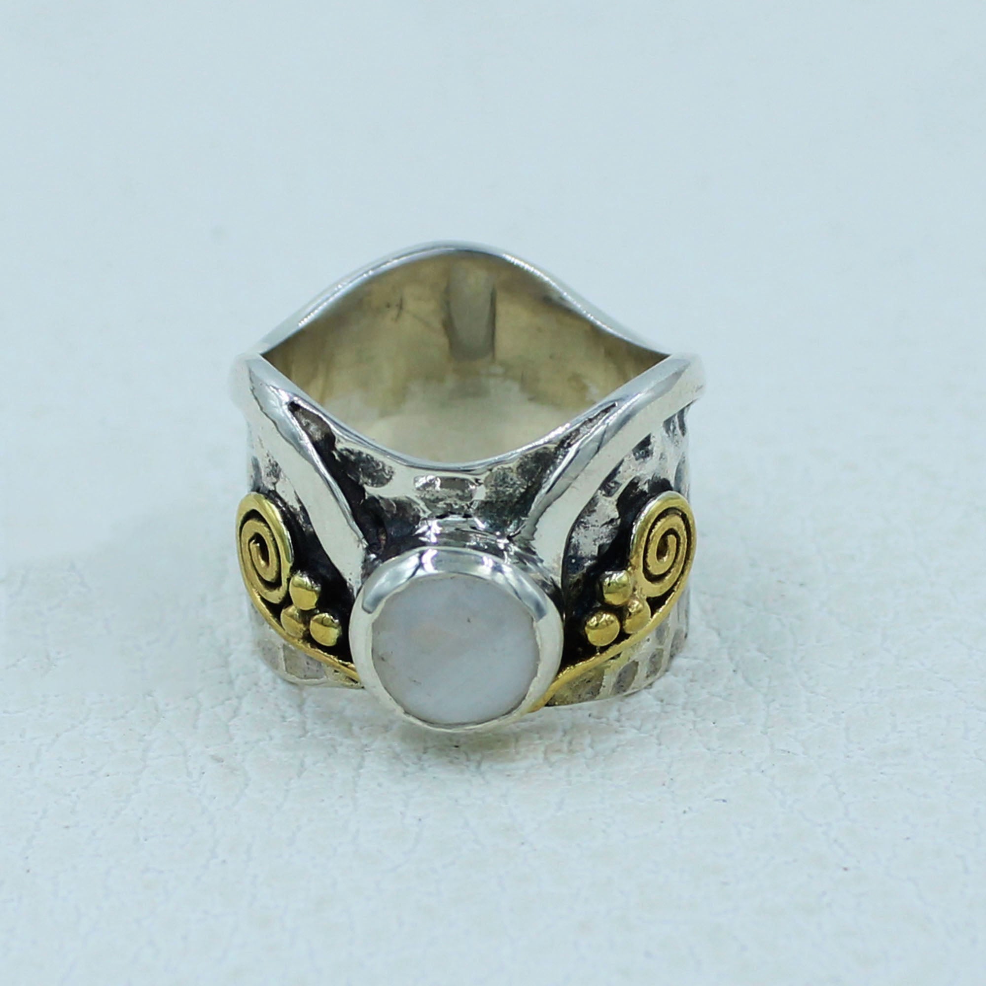 Rainbow Moonstone Two Tone Silver Band Ring