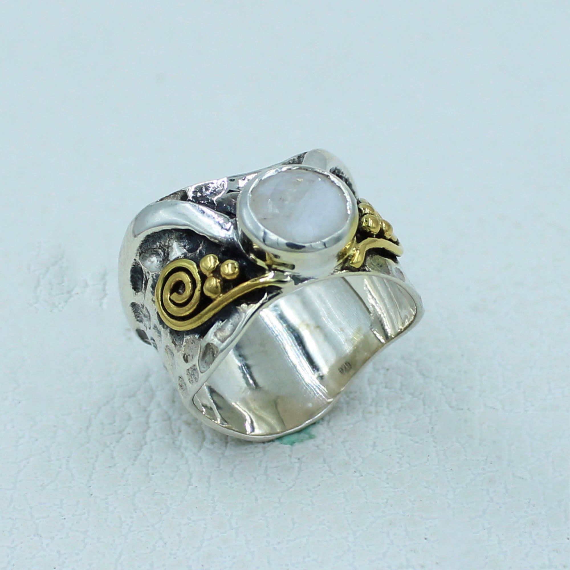 Rainbow Moonstone Two Tone Silver Band Ring