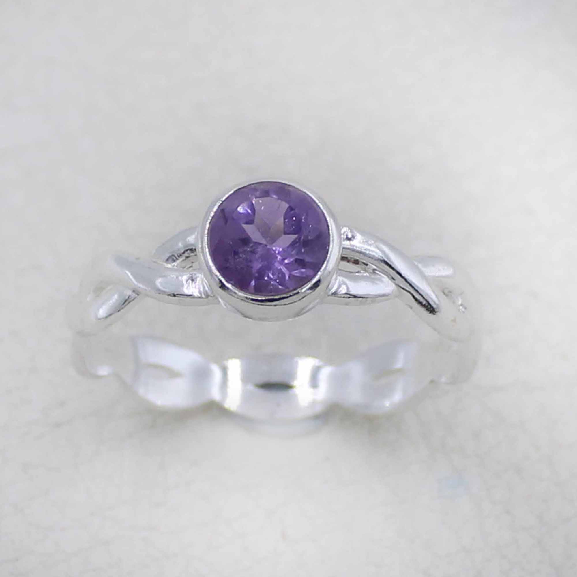 Amethyst Stone Ring for Women – Handmade Silver Twist Band