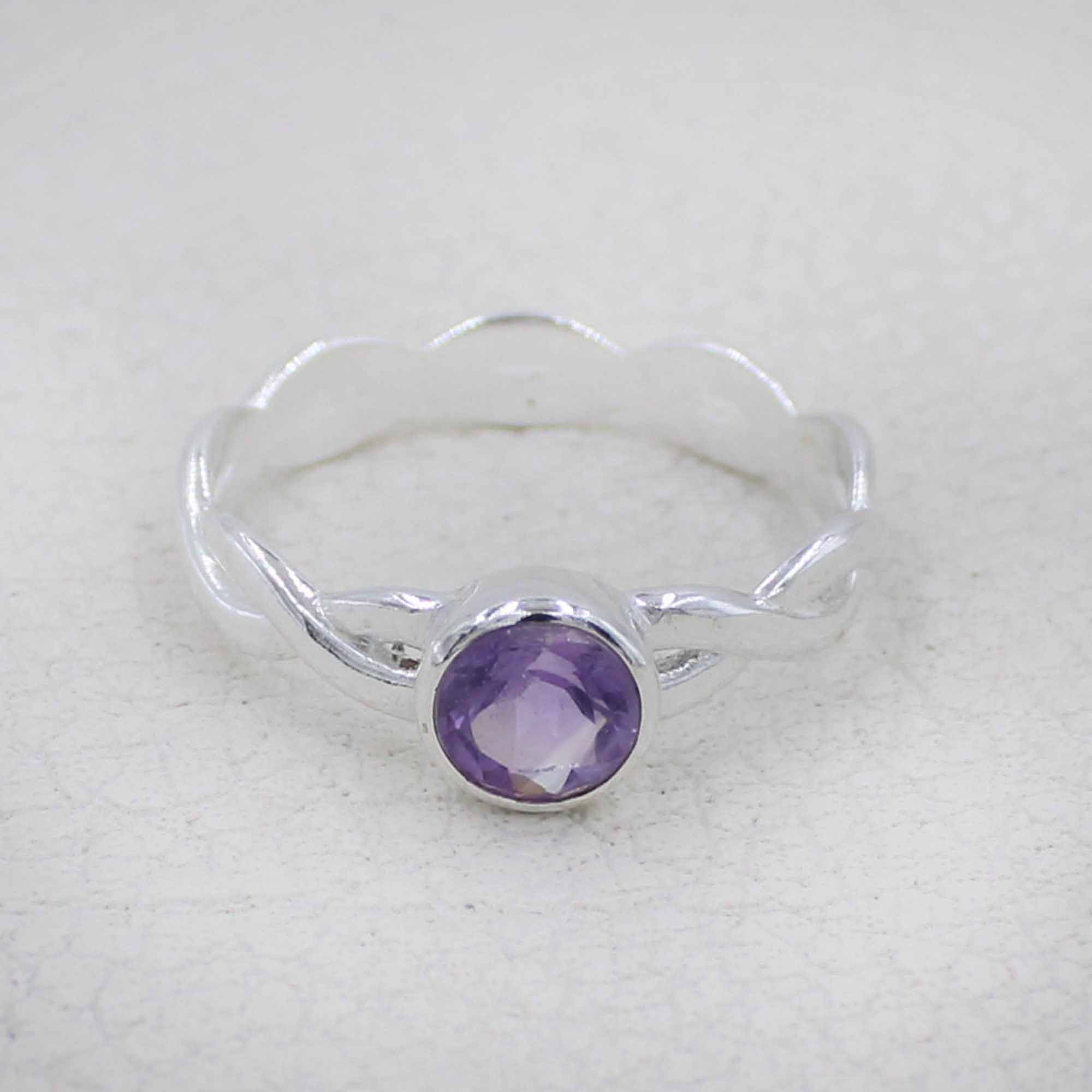 Amethyst Stone Ring for Women – Handmade Silver Twist Band