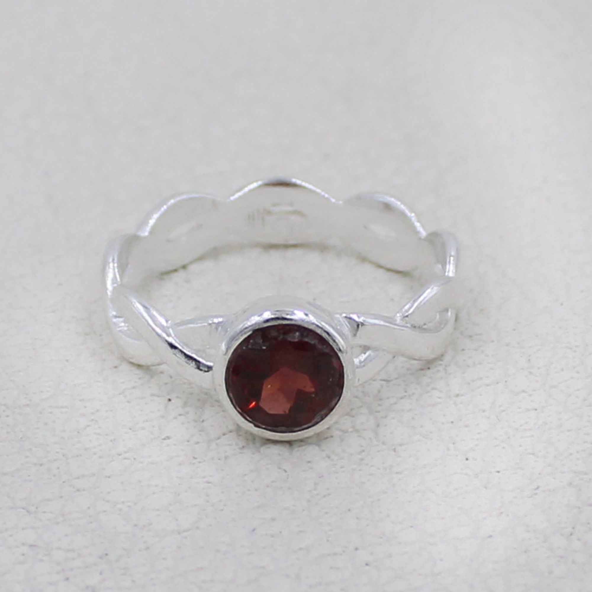Garnet Stone Ring for Women – Handmade Silver Twist Band
