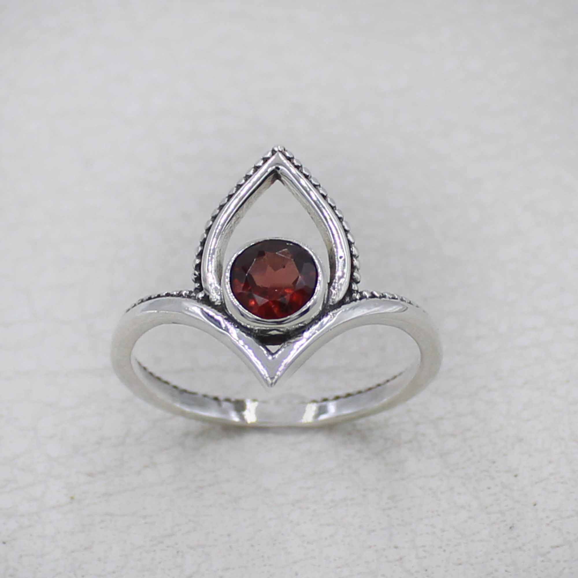 Garnet Birthstone Lotus Ring – Silver Boho Jewelry