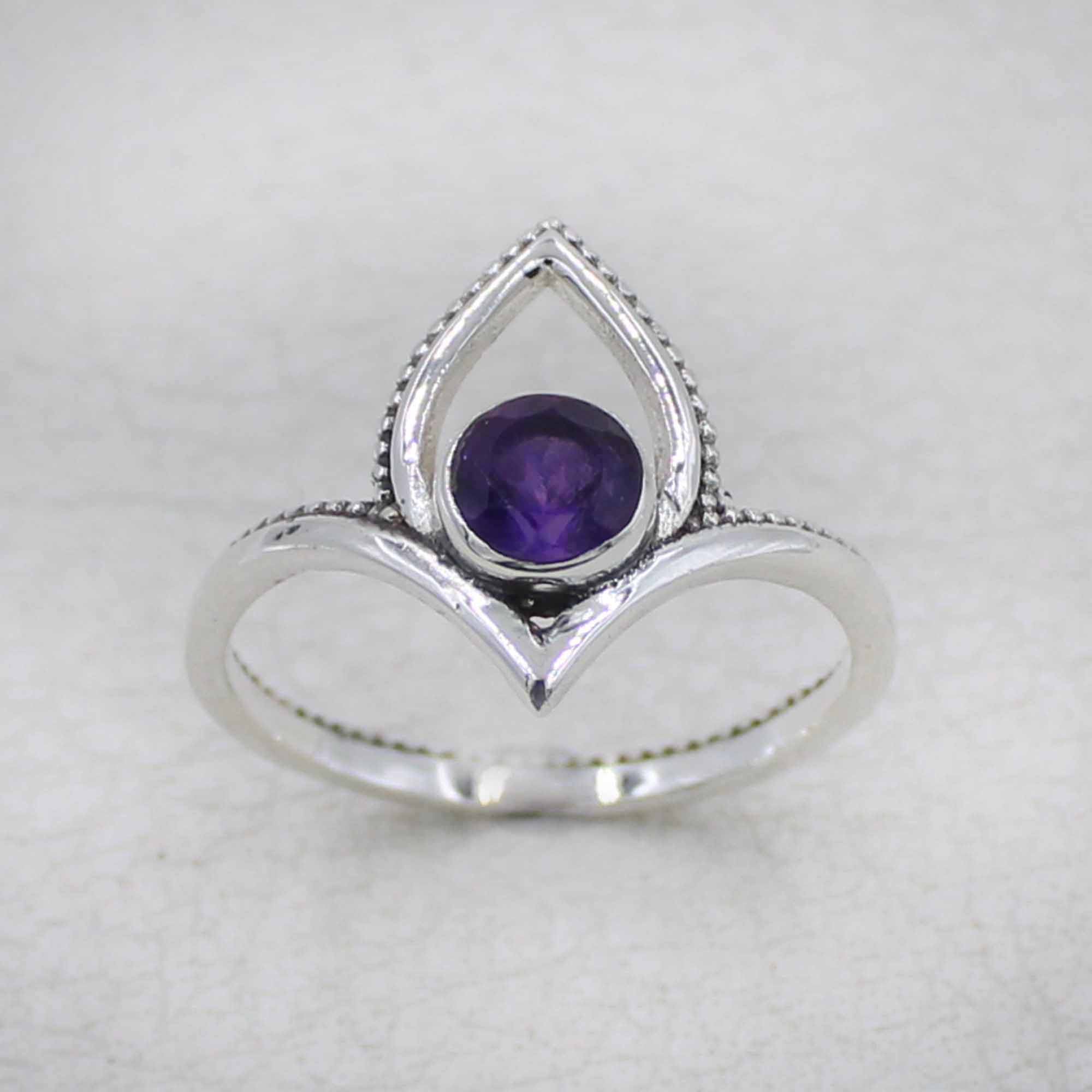 Amethyst Birthstone Lotus Ring – Silver Boho Jewelry