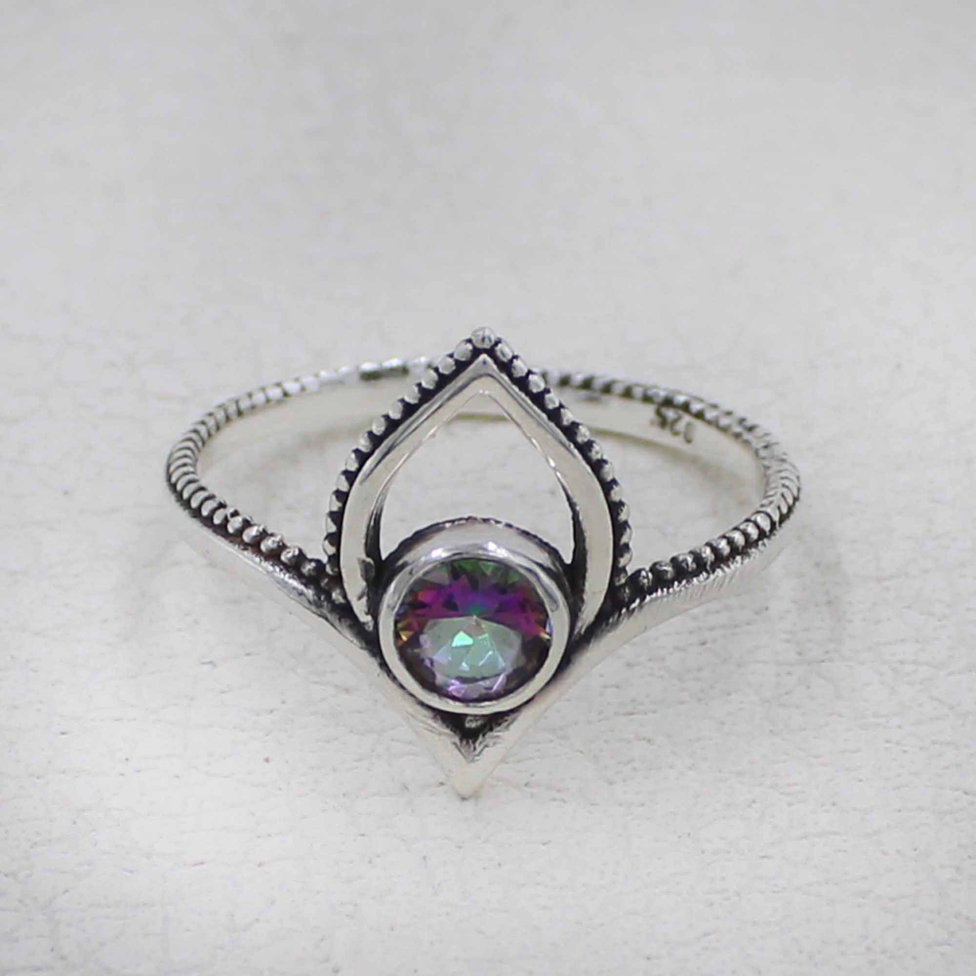 Mystic Quartz Lotus Ring – Silver Boho Jewelry