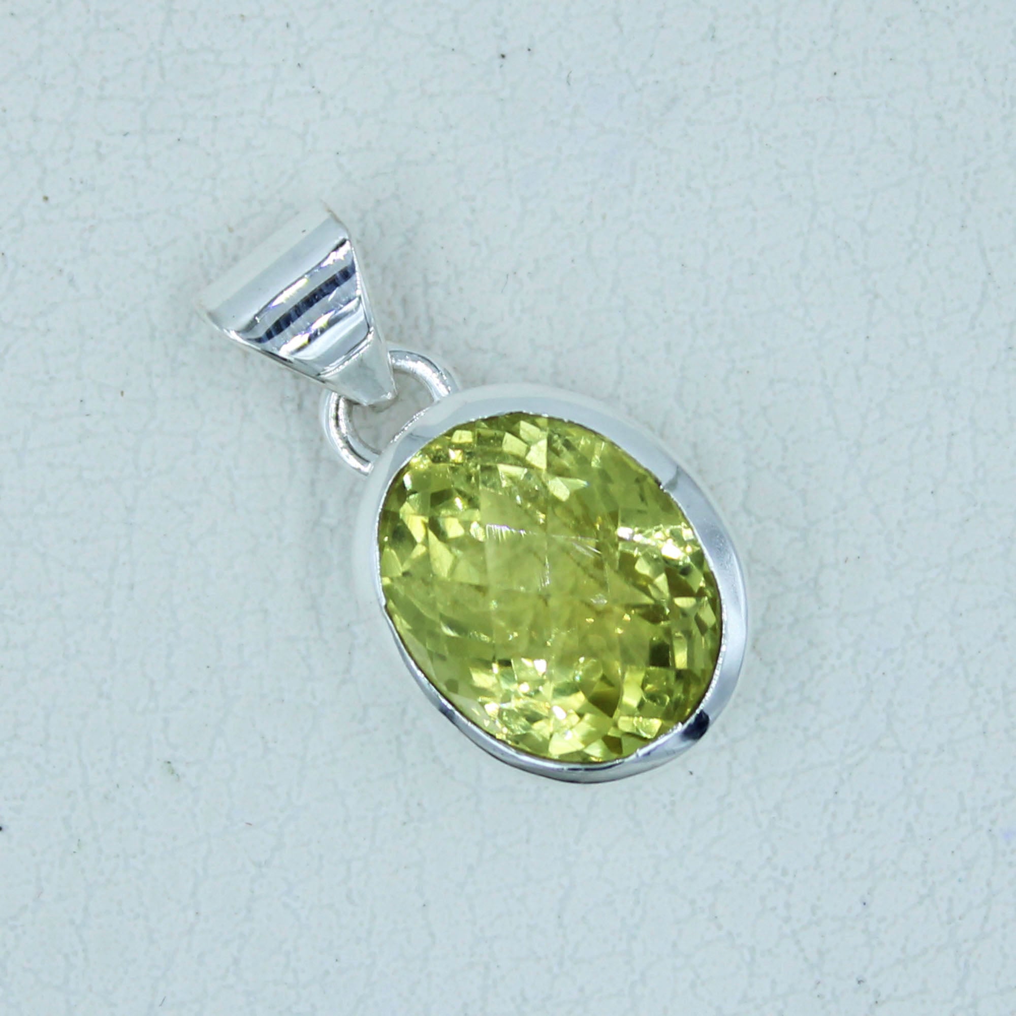 Lemon Quartz Checker Cut Silver Pendant