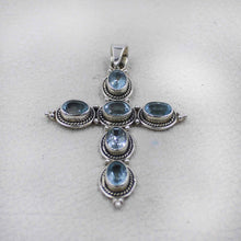 Sterling Silver Cross Pendant with Blue Topaz Oval Gemstones