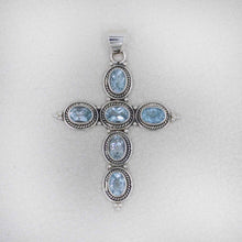 Sterling Silver Cross Pendant with Blue Topaz Oval Gemstones